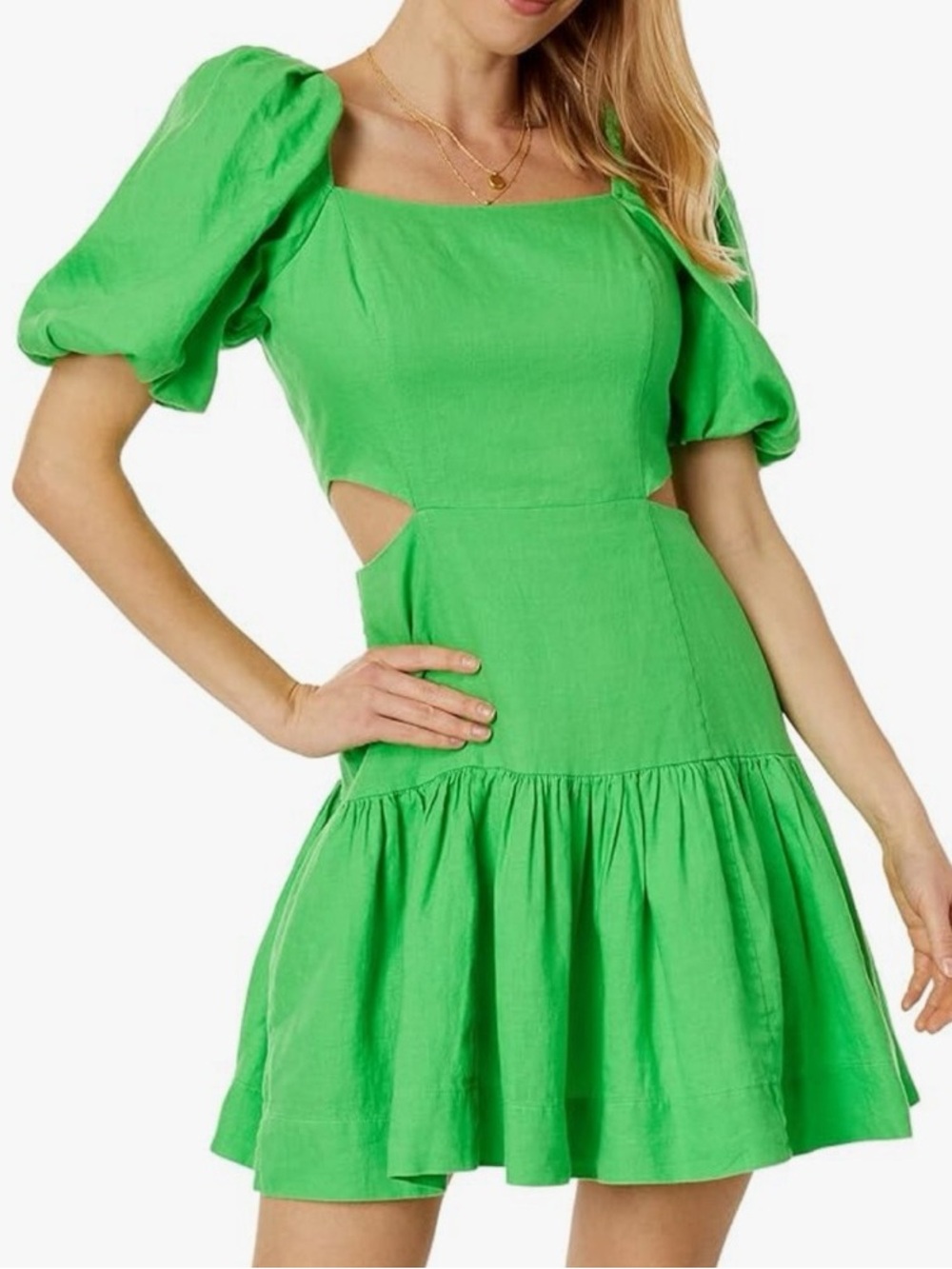 Lily Pulitzer KYLANNIE ELBOW PUFF SLEEVE LINEN DRESS SIDE CUTOUTS, GECKO GREEN